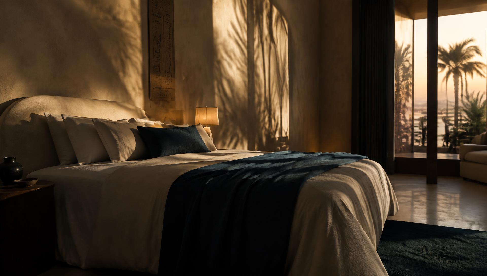 Linen bed at dusk under palm shadows
